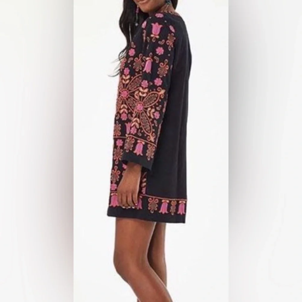 Roller Rabbit Black Pink Embroidered Boho Mini Dress Tunic Shift Dress XS - Picture 3 of 12